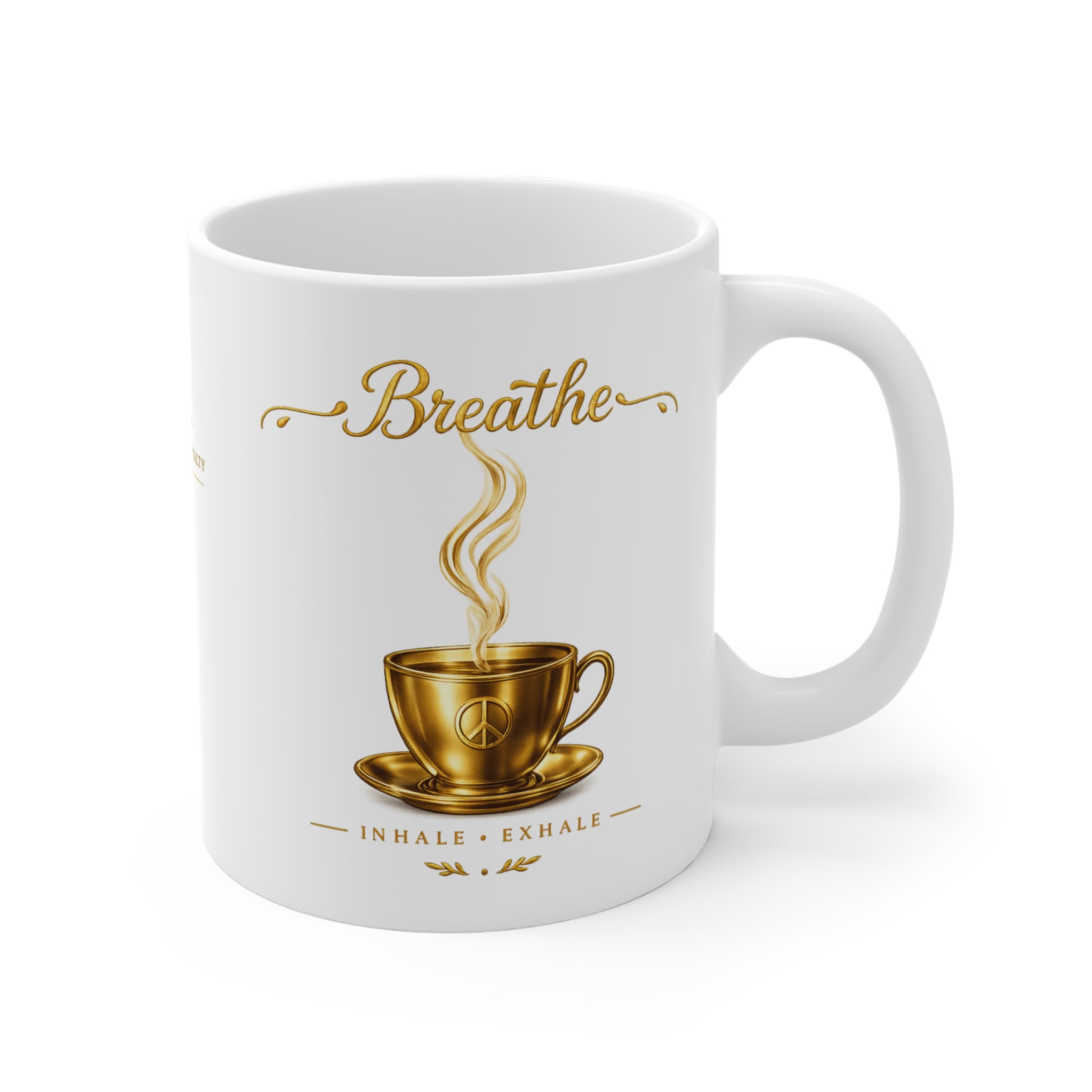 Breathe Coffee Mug – 11oz Inspirational Gold Tea Cup Design (Inhale • Exhale)