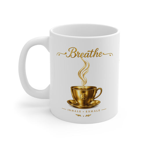 Breathe Coffee Mug – 11oz Inspirational Gold Tea Cup Design (Inhale • Exhale)