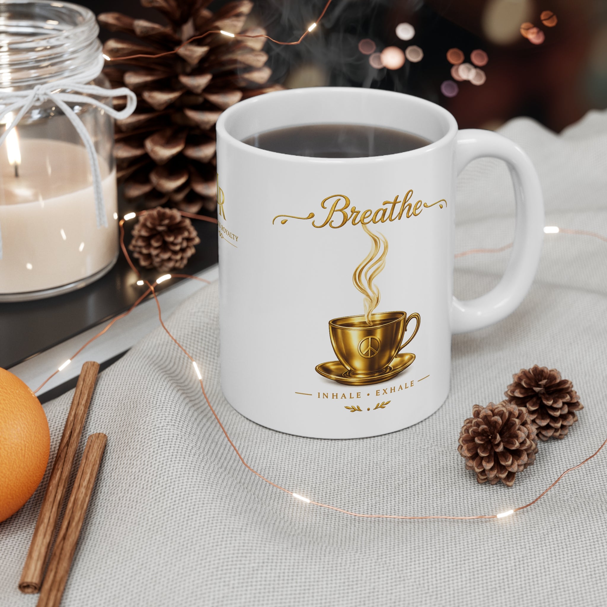 Breathe Coffee Mug – 11oz Inspirational Gold Tea Cup Design (Inhale • Exhale)
